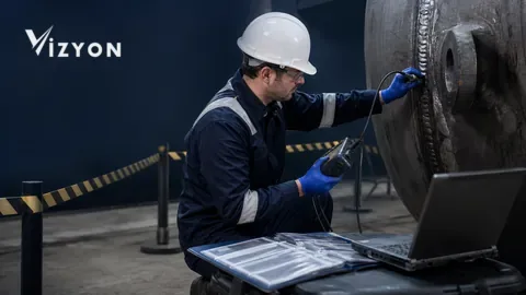 Kaynaklı parçayı ultrasonik cihazla inceleyen tam KKD'li NDT uzmanı ve kanıt arşivi
