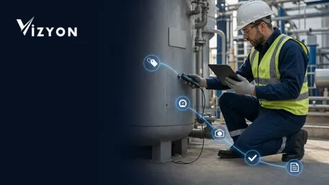 Sanayi tesisinde tablet ve ölçüm cihazıyla dijital periyodik kontrol yapan koruyucu donanımlı saha mühendisi